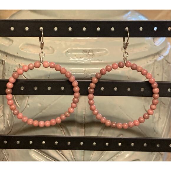 Sally C (SX) Sterling Silver and Rhodonite Open Hoop Earrings on Leverbacks - Picture 1 of 6